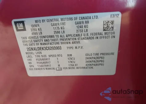 2012 Chevrolet Equinox 1Lt from USA, damaged, VIN 2GNALDEK3C6293960